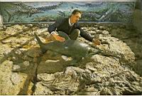 L'archologue Jean-Simon Pags et le squelette d'un Ichthyosaurus tenuirostris  bec pointu